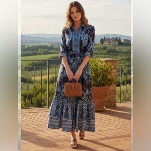 NWT TRISH SCULLY ISOBEL BLUE FLORAL/PAISLEY MIDI DRESS 
SIZE M